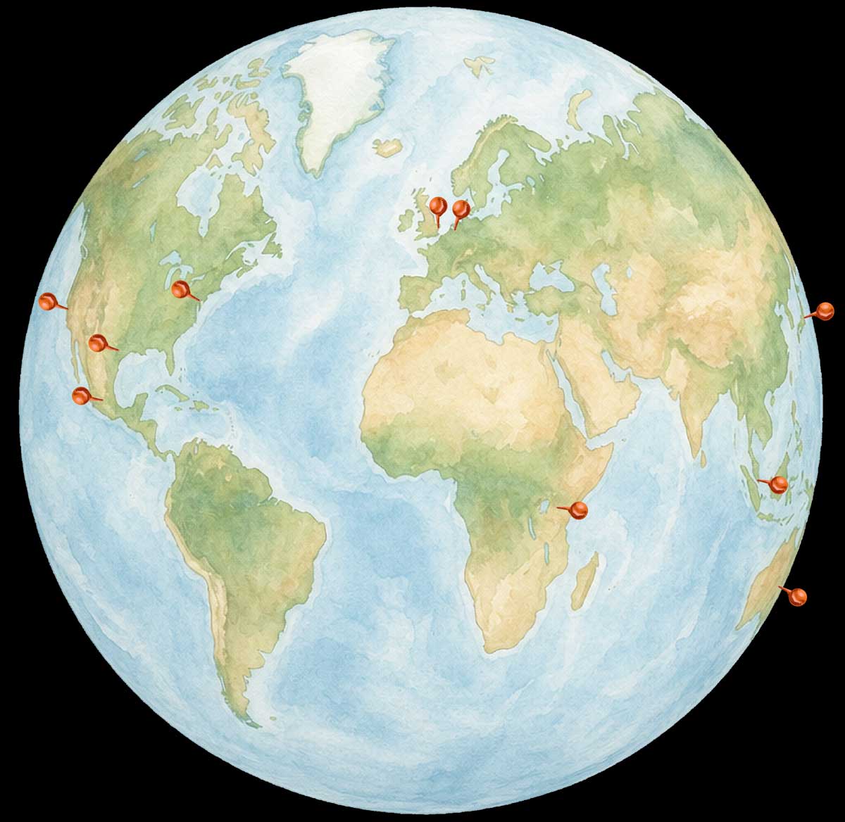 globe with pins showing cities with participating bars