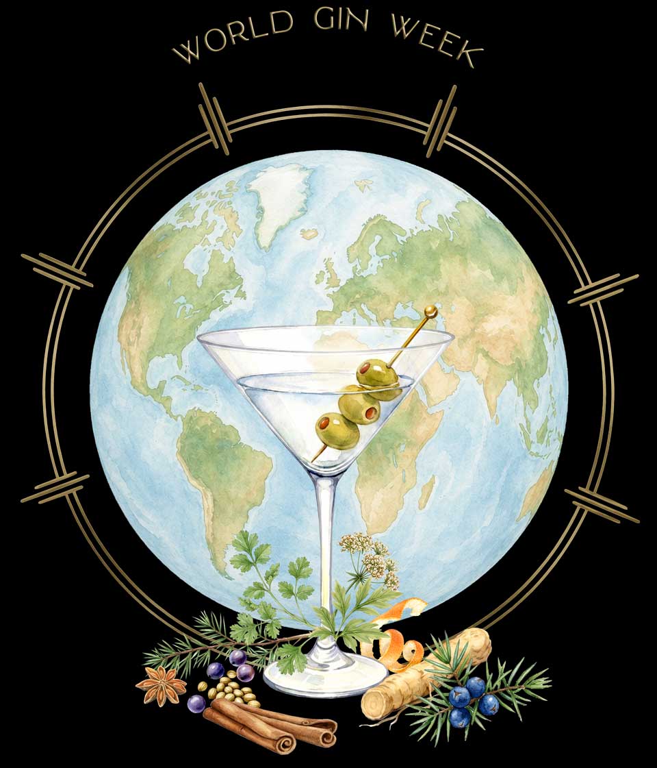 WORLD GIN WEEK with graphic of a Martini and scattered gin botanicals in front of the globe